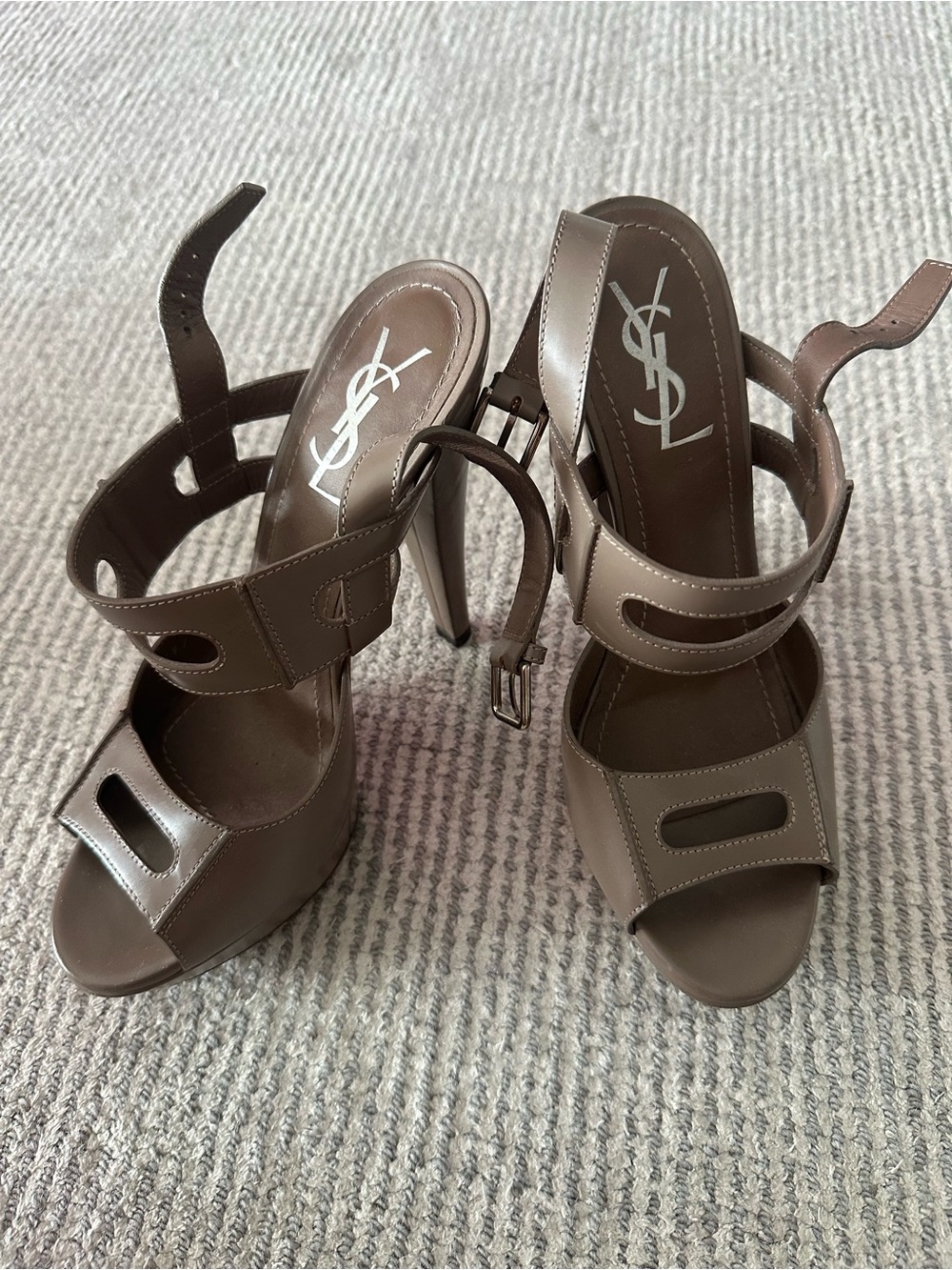 Saint Laurent Brown Leather Cutout Strappy Heels - Picture 2 of 5